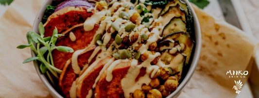 Crispy Chickpea, Sweet Potato & Kale Bowl with Garlic Tahini Dressing